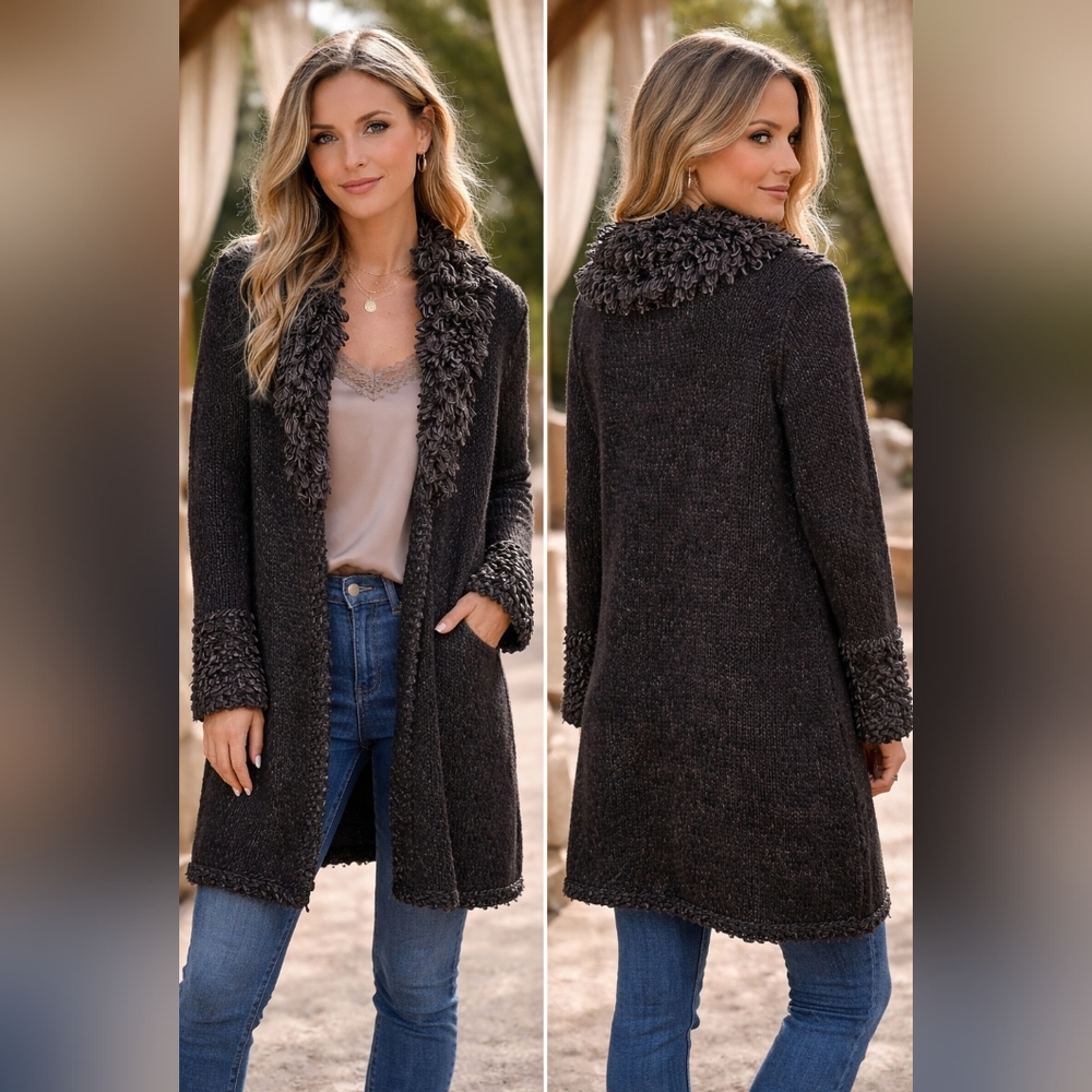 Chico’s Black Long Knit Cardigan Textured Loop Collar Open Front Size 2 (L)